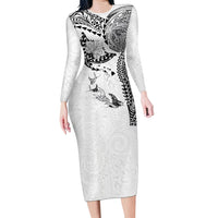 Hawaiian Manta Ray Tribal Family Matching Long Sleeve Bodycon Dress and Hawaiian Shirt Polynesian Art Motifs White Color