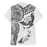 Hawaiian Manta Ray Tribal Family Matching Off The Shoulder Long Sleeve Dress and Hawaiian Shirt Polynesian Art Motifs White Color