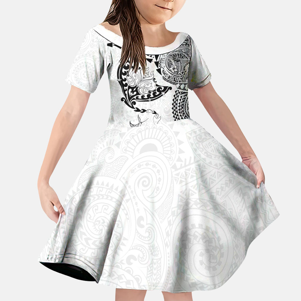 Hawaiian Manta Ray Tribal Family Matching Off Shoulder Maxi Dress and Hawaiian Shirt Polynesian Art Motifs White Color