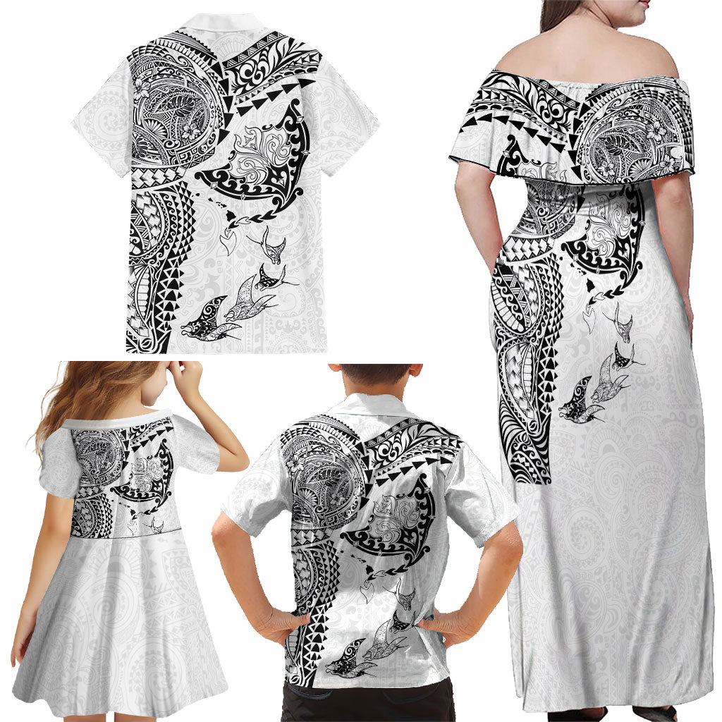 Hawaiian Manta Ray Tribal Family Matching Off Shoulder Maxi Dress and Hawaiian Shirt Polynesian Art Motifs White Color
