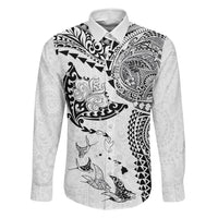 Hawaiian Manta Ray Tribal Family Matching Off Shoulder Maxi Dress and Hawaiian Shirt Polynesian Art Motifs White Color
