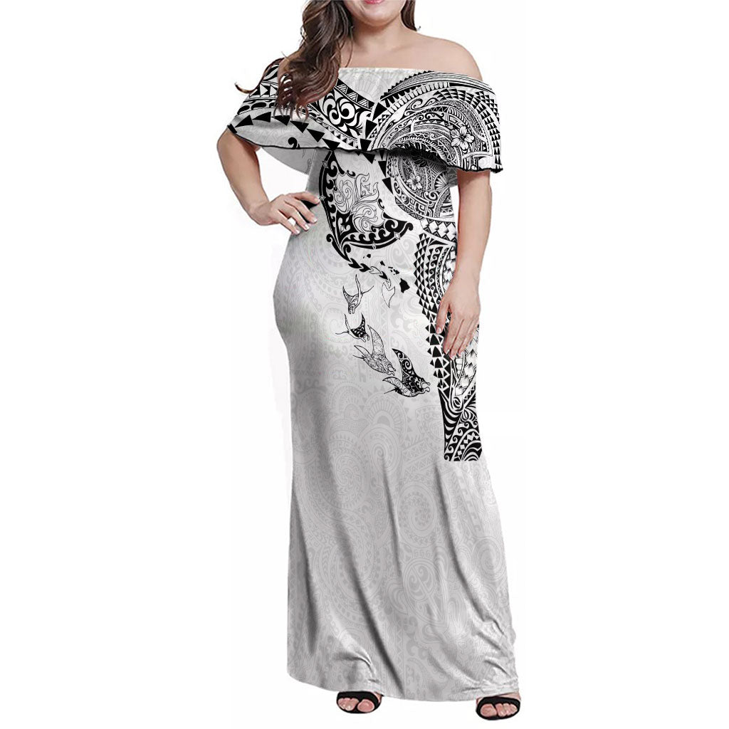Hawaiian Manta Ray Tribal Family Matching Off Shoulder Maxi Dress and Hawaiian Shirt Polynesian Art Motifs White Color
