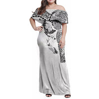Hawaiian Manta Ray Tribal Family Matching Off Shoulder Maxi Dress and Hawaiian Shirt Polynesian Art Motifs White Color