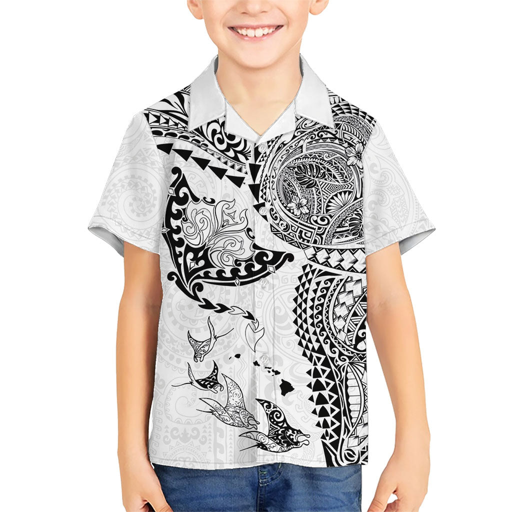 Hawaiian Manta Ray Tribal Family Matching Off Shoulder Maxi Dress and Hawaiian Shirt Polynesian Art Motifs White Color