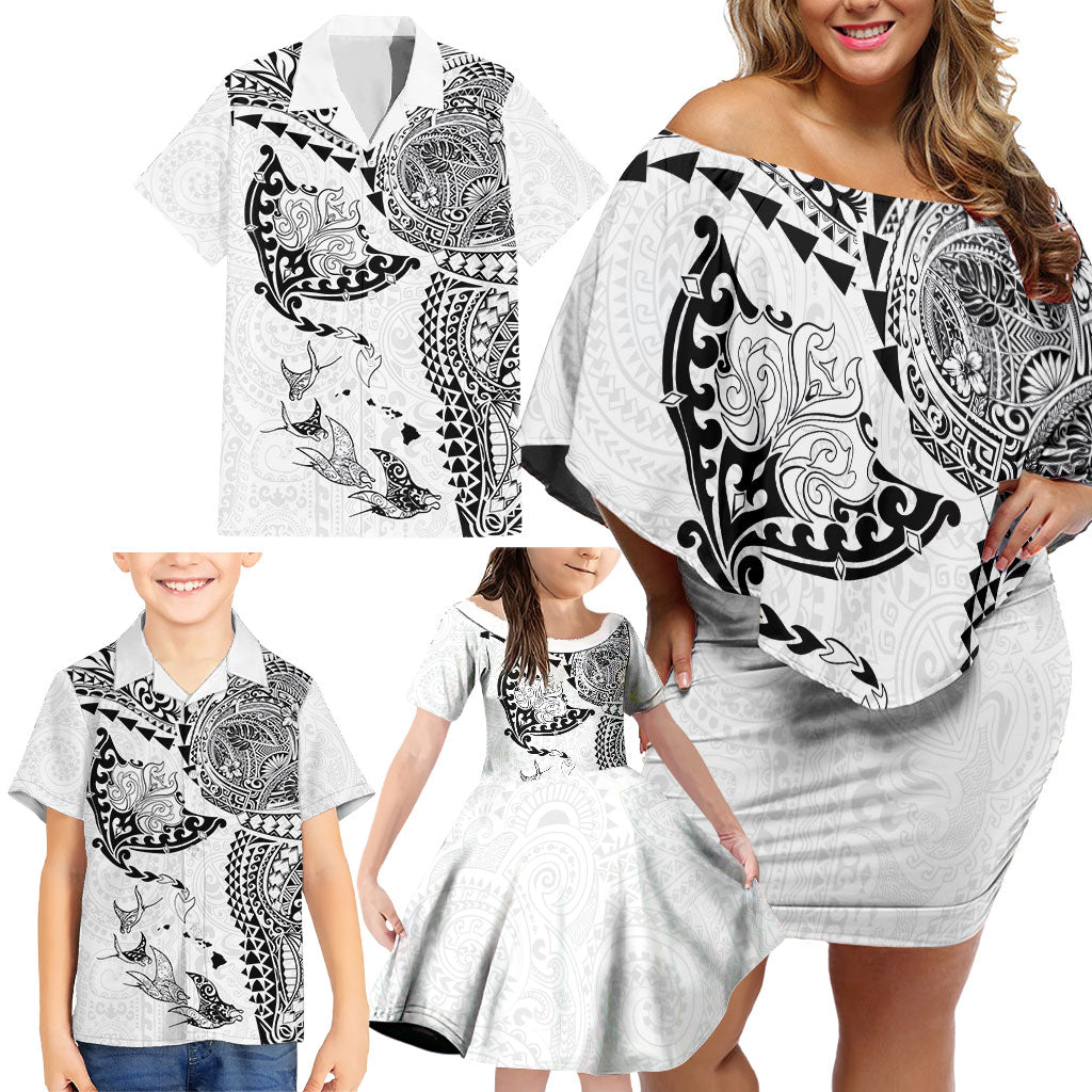 Hawaiian Manta Ray Tribal Family Matching Off Shoulder Short Dress and Hawaiian Shirt Polynesian Art Motifs White Color