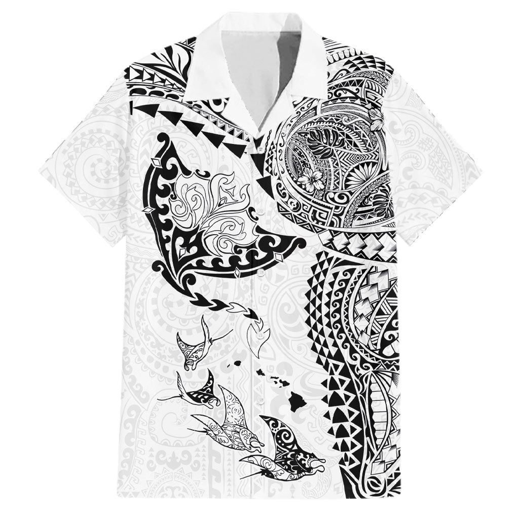 Hawaiian Manta Ray Tribal Family Matching Puletasi and Hawaiian Shirt Polynesian Art Motifs White Color