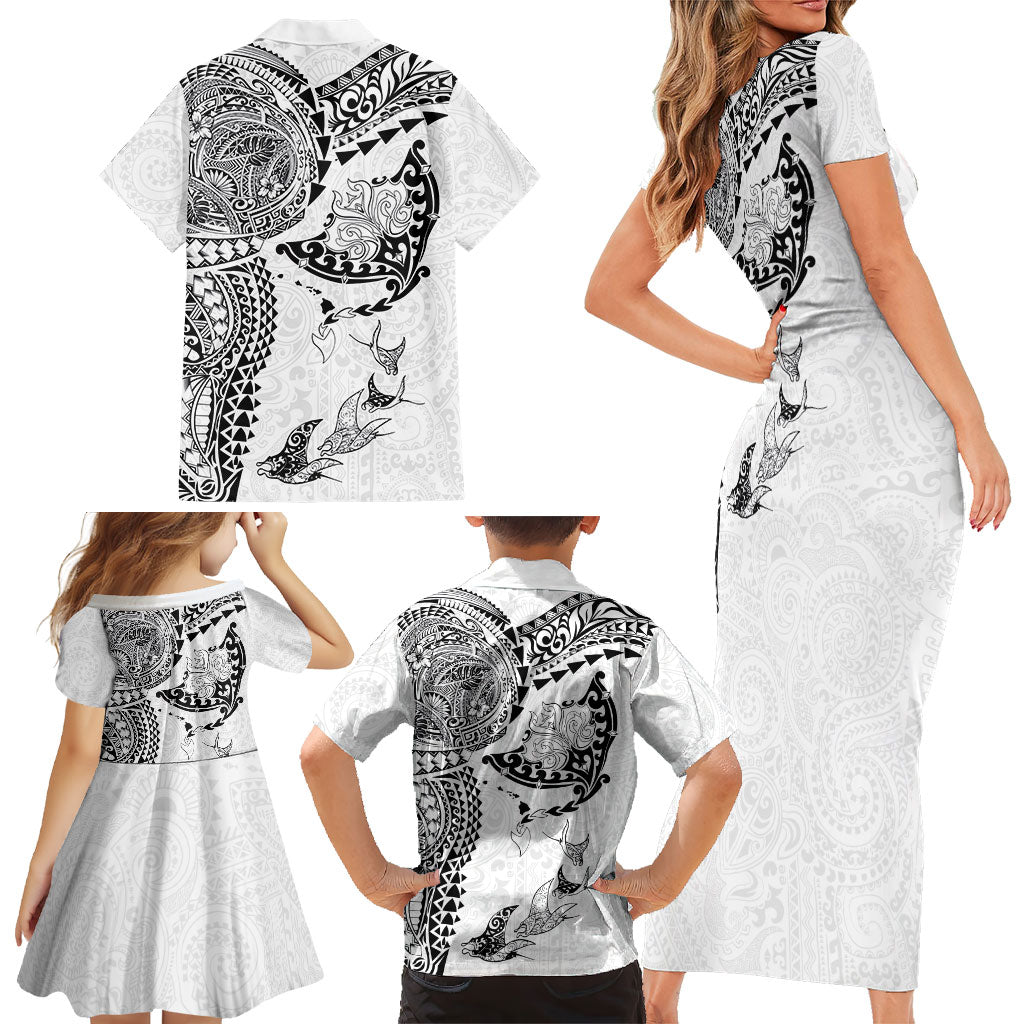Hawaiian Manta Ray Tribal Family Matching Short Sleeve Bodycon Dress and Hawaiian Shirt Polynesian Art Motifs White Color