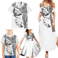 Hawaiian Manta Ray Tribal Family Matching Summer Maxi Dress and Hawaiian Shirt Polynesian Art Motifs White Color