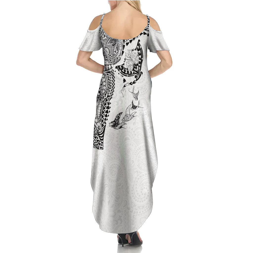Hawaiian Manta Ray Tribal Family Matching Summer Maxi Dress and Hawaiian Shirt Polynesian Art Motifs White Color