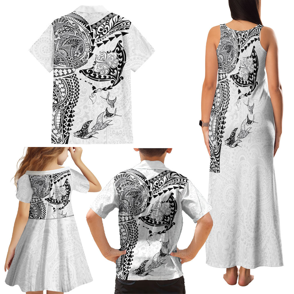 Hawaiian Manta Ray Tribal Family Matching Tank Maxi Dress and Hawaiian Shirt Polynesian Art Motifs White Color