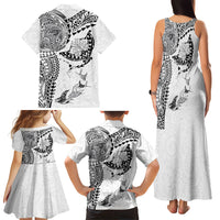 Hawaiian Manta Ray Tribal Family Matching Tank Maxi Dress and Hawaiian Shirt Polynesian Art Motifs White Color