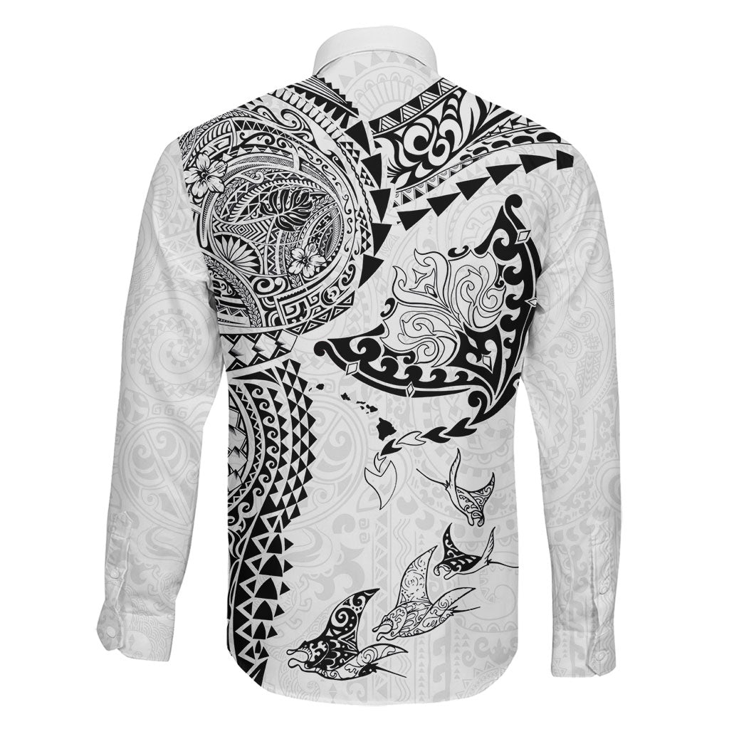 Hawaiian Manta Ray Tribal Family Matching Tank Maxi Dress and Hawaiian Shirt Polynesian Art Motifs White Color