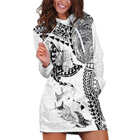 Hawaiian Manta Ray Tribal Hoodie Dress Polynesian Art Motifs White Color