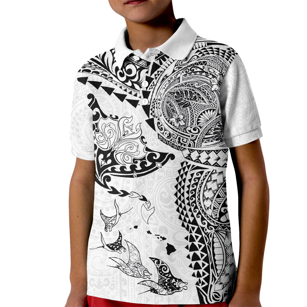 Hawaiian Manta Ray Tribal Kid Polo Shirt Polynesian Art Motifs White Color