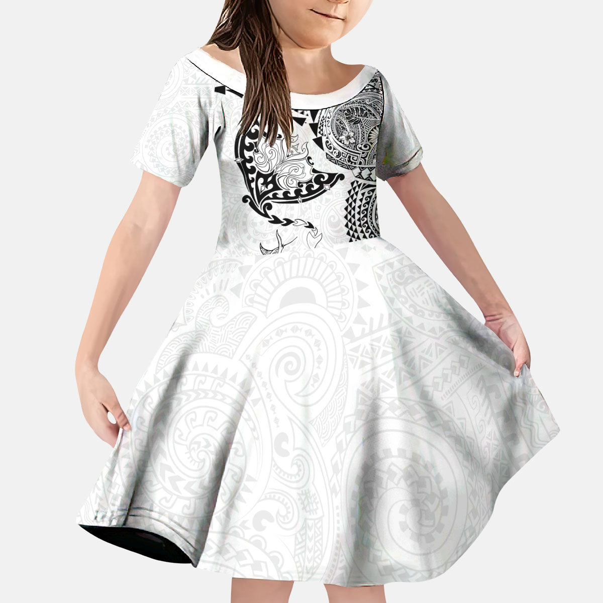 Hawaiian Manta Ray Tribal Kid Short Sleeve Dress Polynesian Art Motifs White Color LT03 KID White - Polynesian Pride