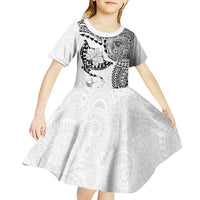 Hawaiian Manta Ray Tribal Kid Short Sleeve Dress Polynesian Art Motifs White Color