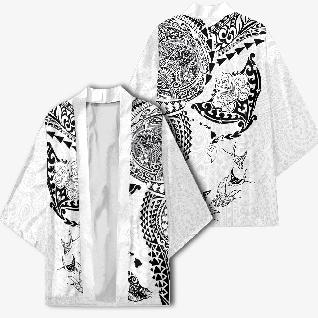 Hawaiian Manta Ray Tribal Kimono Polynesian Art Motifs White Color