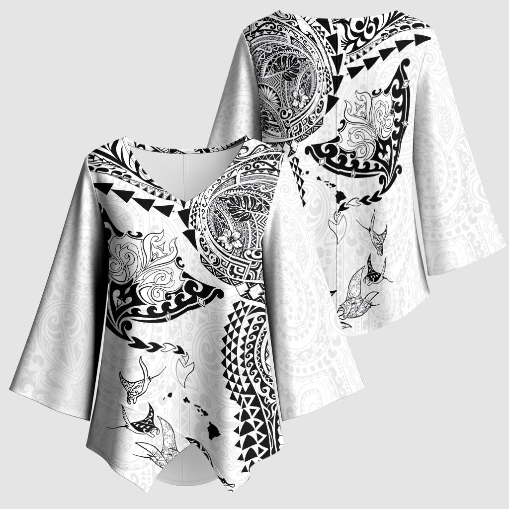 Hawaiian Manta Ray Tribal Kimono Sleeve Blouse Polynesian Art Motifs White Color