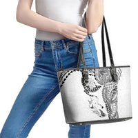 Hawaiian Manta Ray Tribal Leather Tote Bag Polynesian Art Motifs White Color