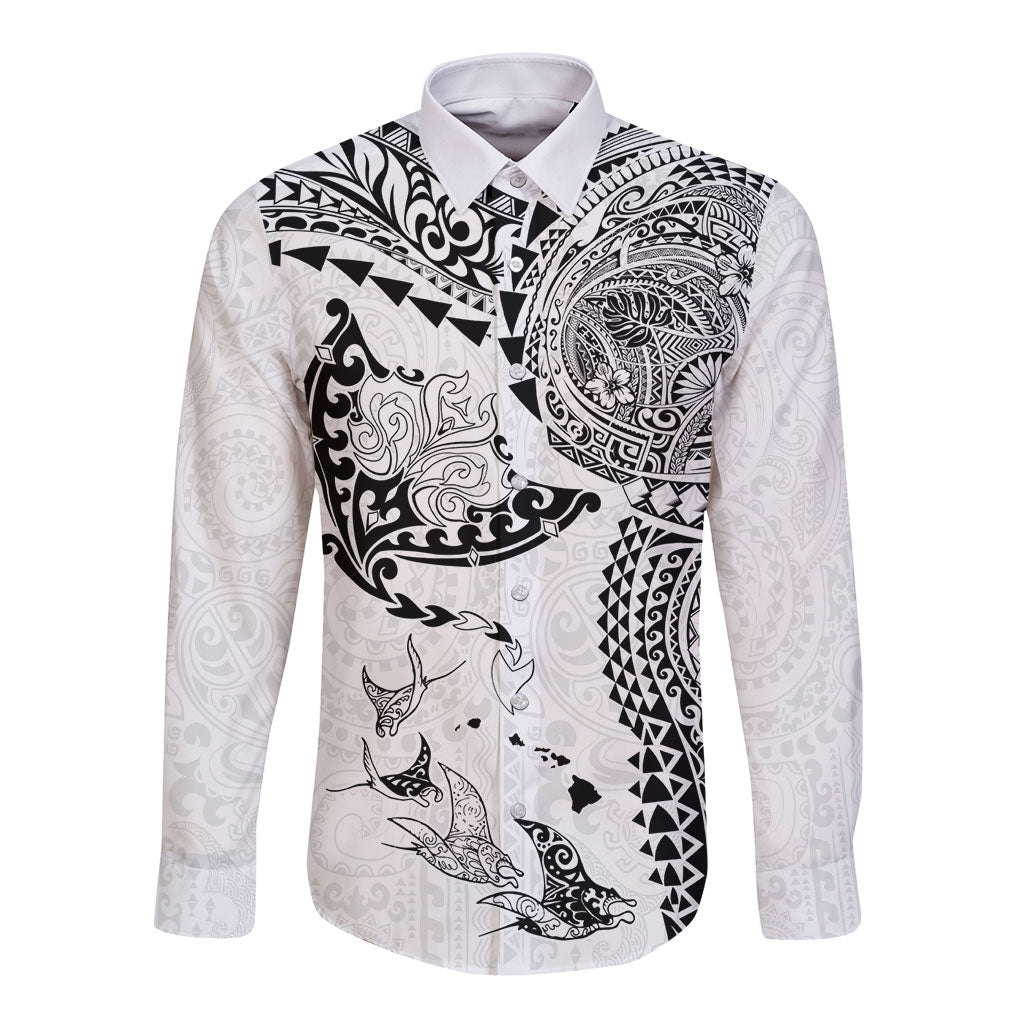 Hawaiian Manta Ray Tribal Long Sleeve Button Shirt Polynesian Art Motifs White Color LT03 Unisex White - Polynesian Pride