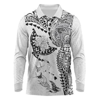 Hawaiian Manta Ray Tribal Long Sleeve Polo Shirt Polynesian Art Motifs White Color