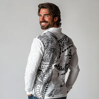 Hawaiian Manta Ray Tribal Long Sleeve Polo Shirt Polynesian Art Motifs White Color