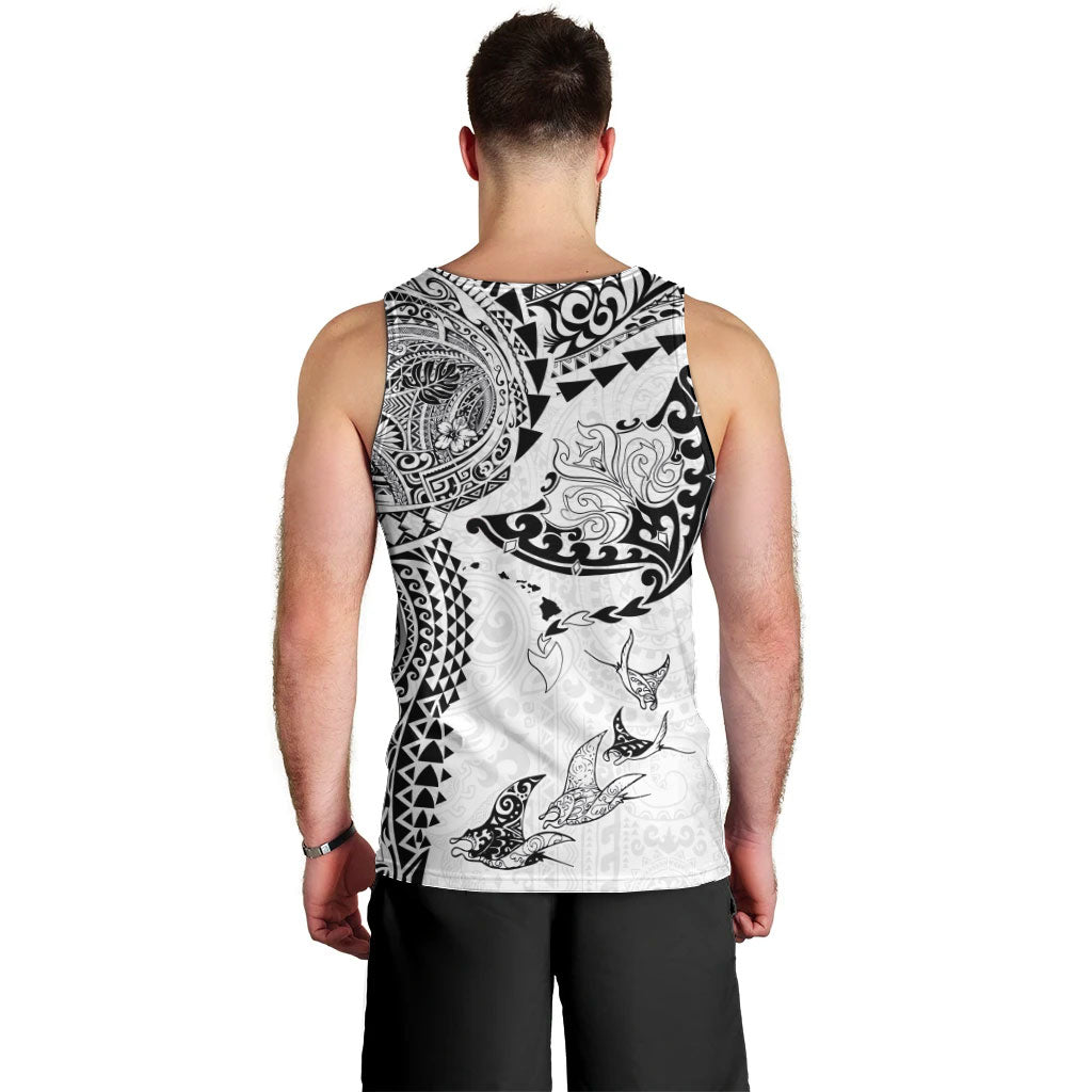 Hawaiian Manta Ray Tribal Men Tank Top Polynesian Art Motifs White Color