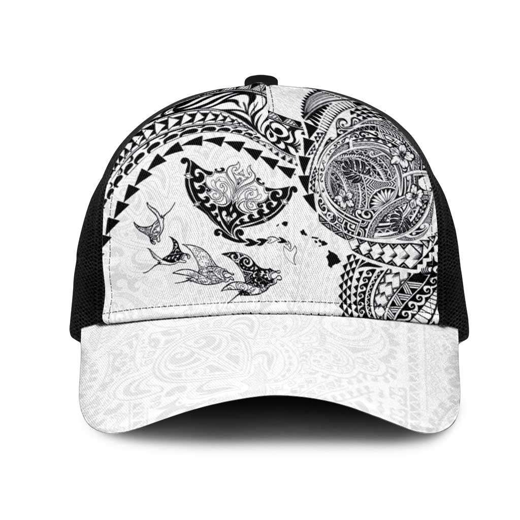 Hawaiian Manta Ray Tribal Mesh Trucker Cap Polynesian Art Motifs White Color