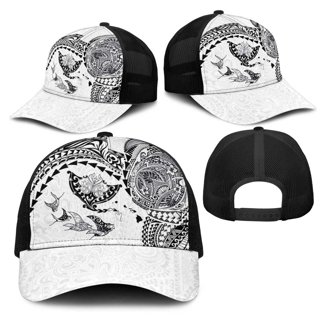 Hawaiian Manta Ray Tribal Mesh Trucker Cap Polynesian Art Motifs White Color