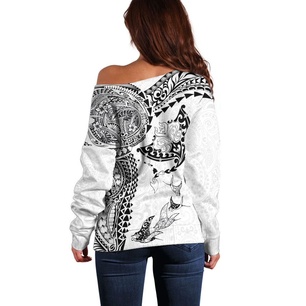 Hawaiian Manta Ray Tribal Off Shoulder Sweater Polynesian Art Motifs White Color