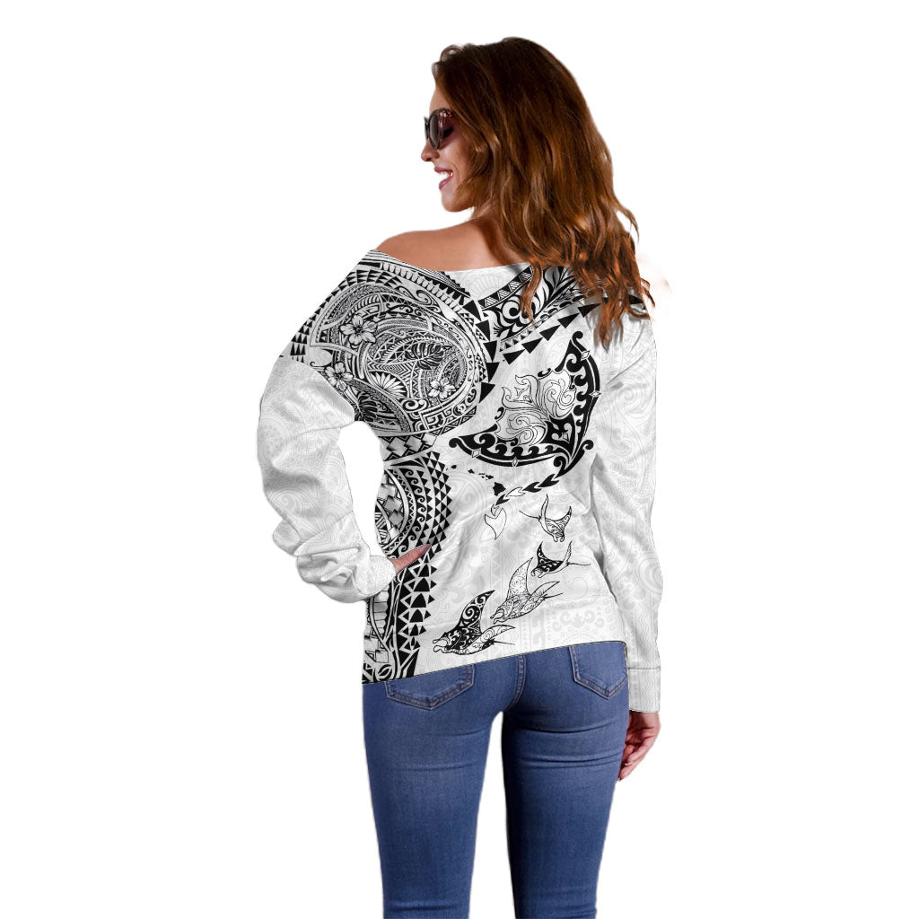 Hawaiian Manta Ray Tribal Off Shoulder Sweater Polynesian Art Motifs White Color