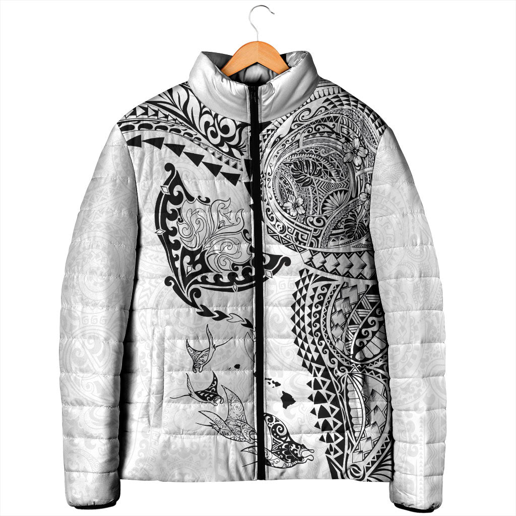 Hawaiian Manta Ray Tribal Padded Jacket Polynesian Art Motifs White Color