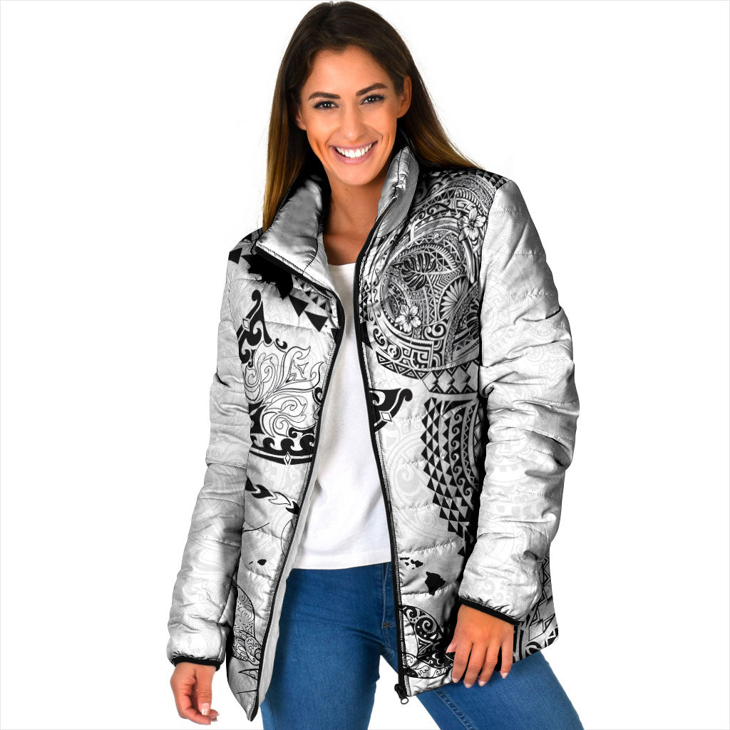 Hawaiian Manta Ray Tribal Padded Jacket Polynesian Art Motifs White Color