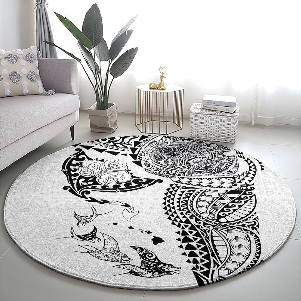 Hawaiian Manta Ray Tribal Round Carpet Polynesian Art Motifs White Color