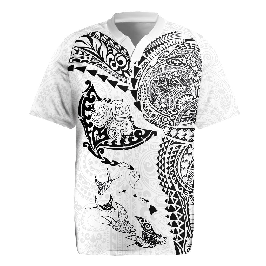 Hawaiian Manta Ray Tribal Rugby Jersey Polynesian Art Motifs White Color