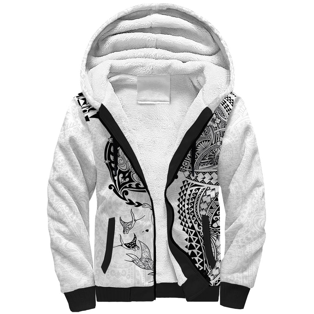 Hawaiian Manta Ray Tribal Sherpa Hoodie Polynesian Art Motifs White Color