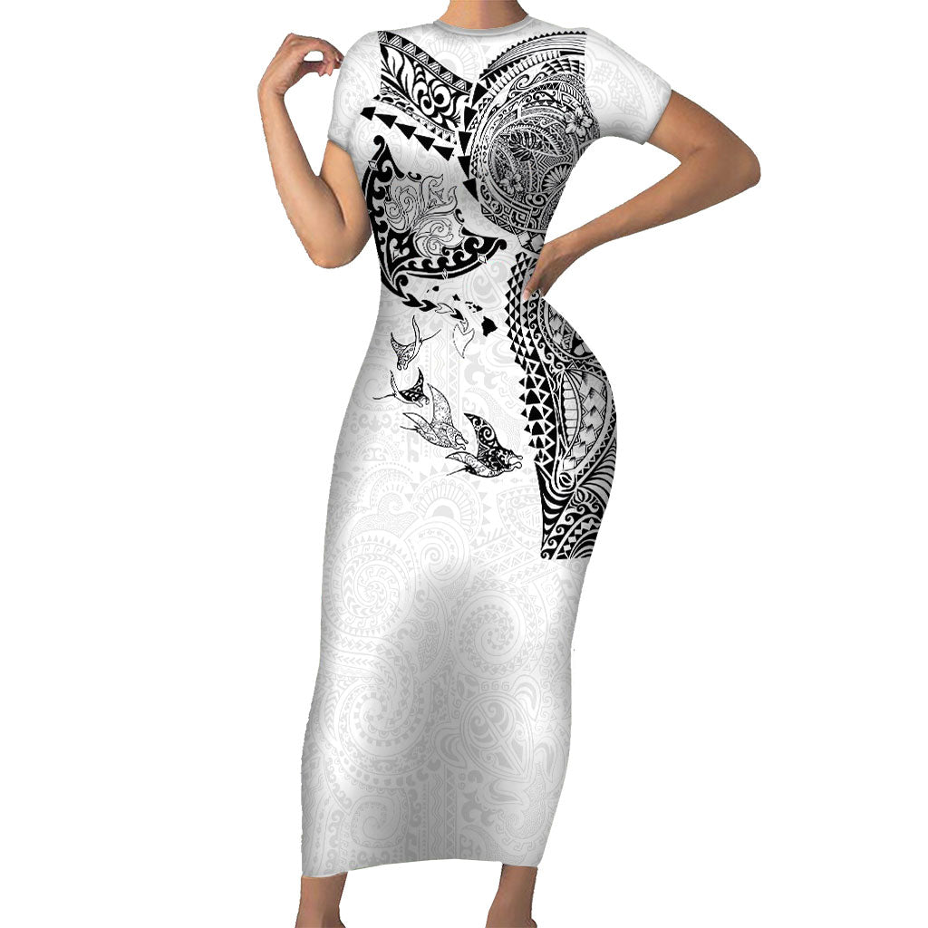 Hawaiian Manta Ray Tribal Short Sleeve Bodycon Dress Polynesian Art Motifs White Color
