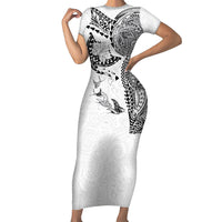 Hawaiian Manta Ray Tribal Short Sleeve Bodycon Dress Polynesian Art Motifs White Color
