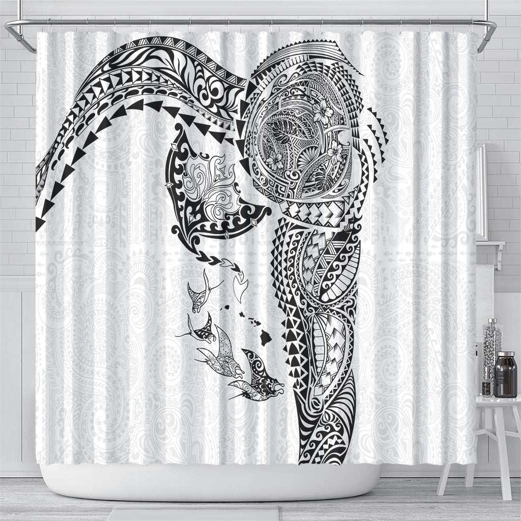 Hawaiian Manta Ray Tribal Shower Curtain Polynesian Art Motifs White Color