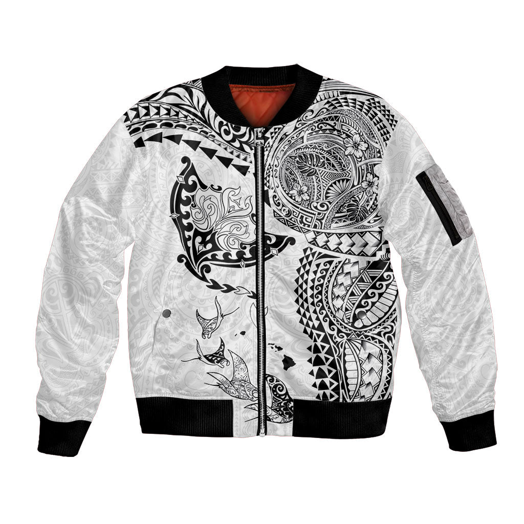Hawaiian Manta Ray Tribal Sleeve Zip Bomber Jacket Polynesian Art Motifs White Color LT03 Unisex White - Polynesian Pride