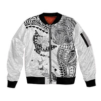 Hawaiian Manta Ray Tribal Sleeve Zip Bomber Jacket Polynesian Art Motifs White Color