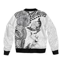 Hawaiian Manta Ray Tribal Sleeve Zip Bomber Jacket Polynesian Art Motifs White Color