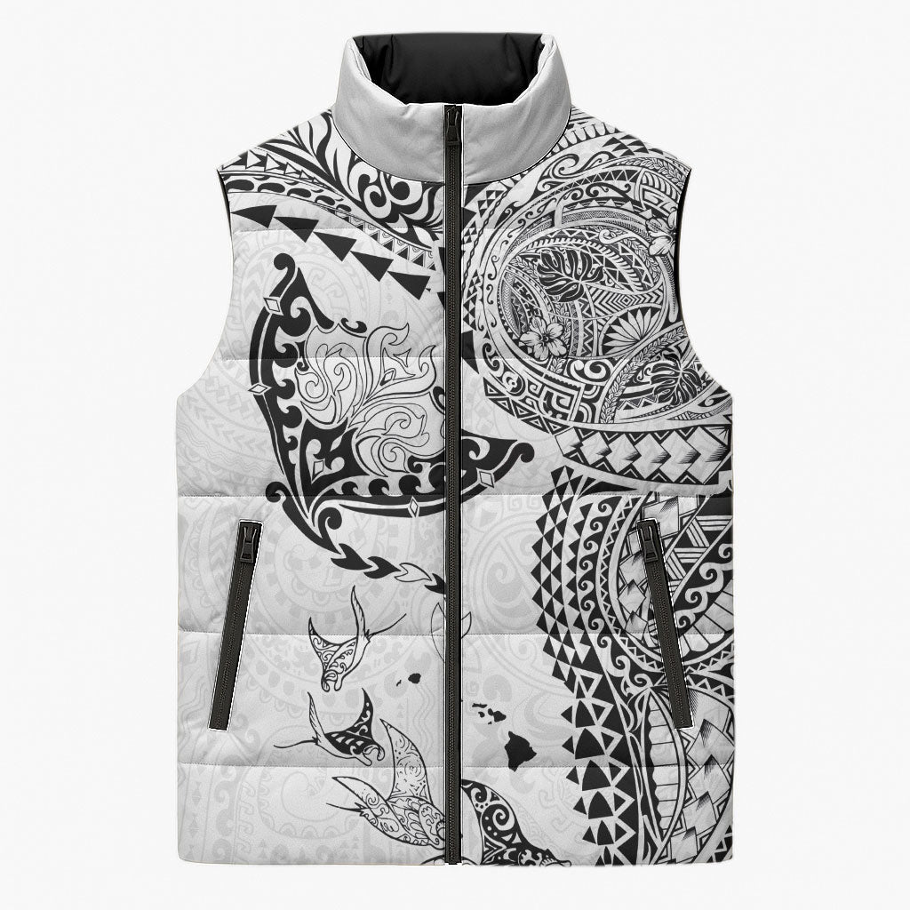 Hawaiian Manta Ray Tribal Sleeveless Puffer Jacket Polynesian Art Motifs White Color