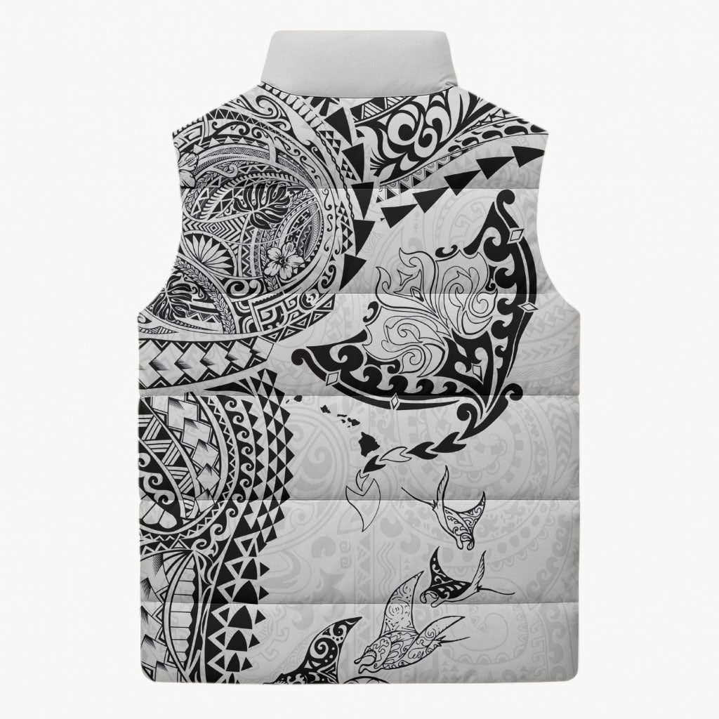 Hawaiian Manta Ray Tribal Sleeveless Puffer Jacket Polynesian Art Motifs White Color