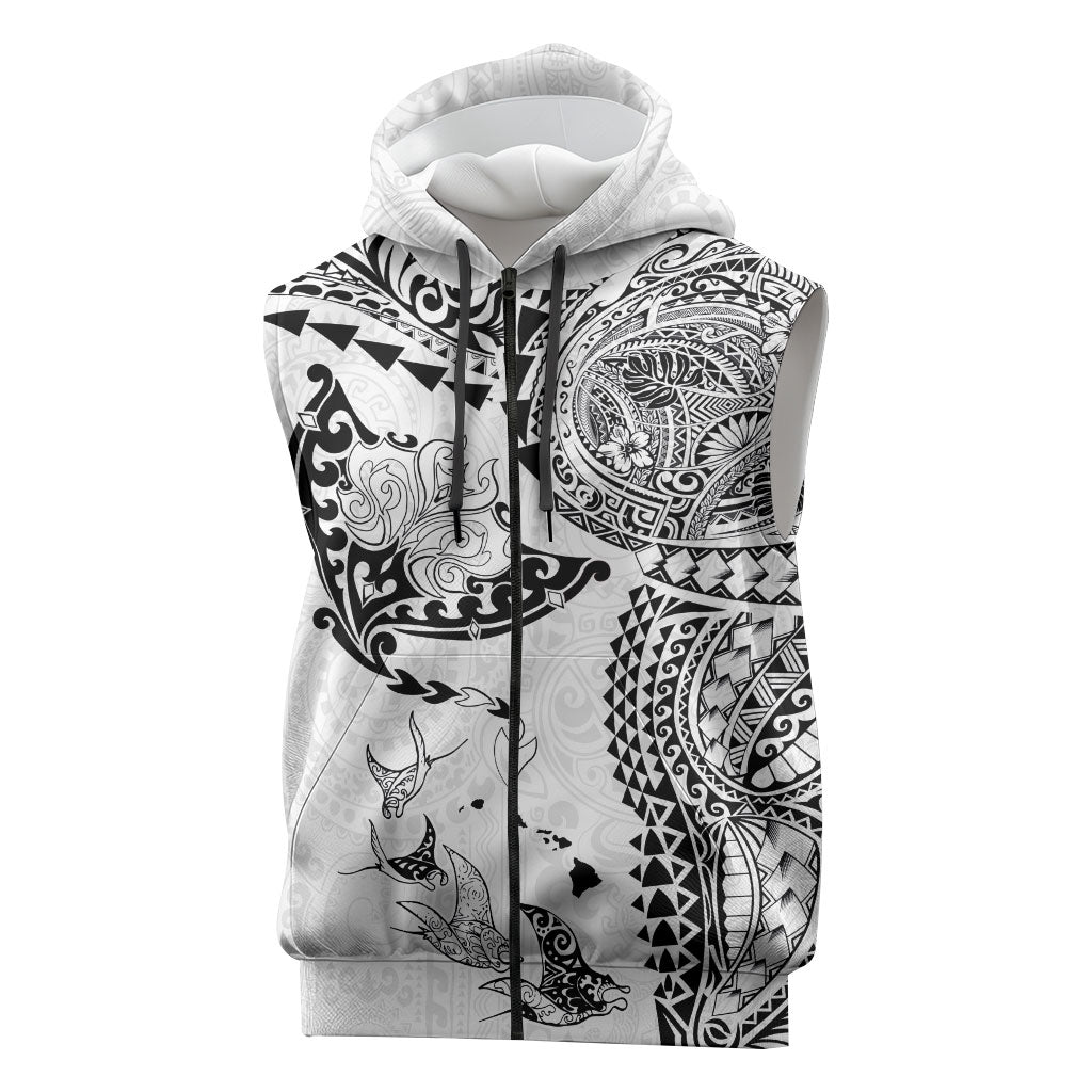 Hawaiian Manta Ray Tribal Sleeveless Zip Hoodie Polynesian Art Motifs White Color