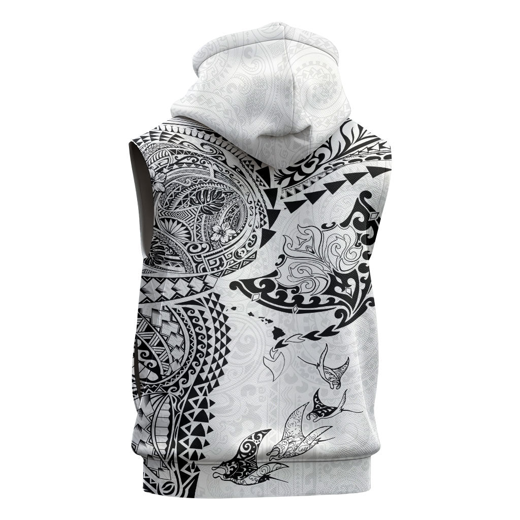 Hawaiian Manta Ray Tribal Sleeveless Zip Hoodie Polynesian Art Motifs White Color