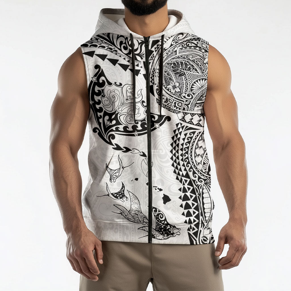 Hawaiian Manta Ray Tribal Sleeveless Zip Hoodie Polynesian Art Motifs White Color