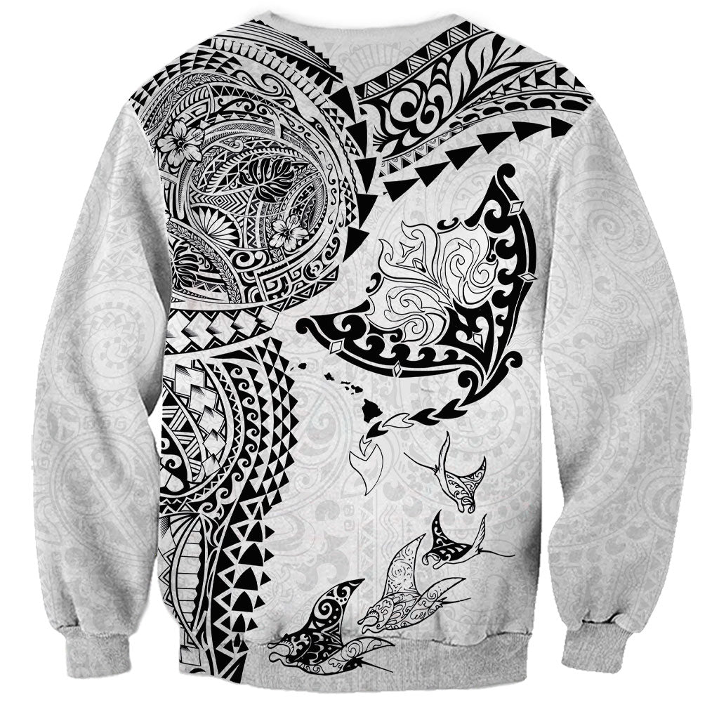 Hawaiian Manta Ray Tribal Sweatshirt Polynesian Art Motifs White Color