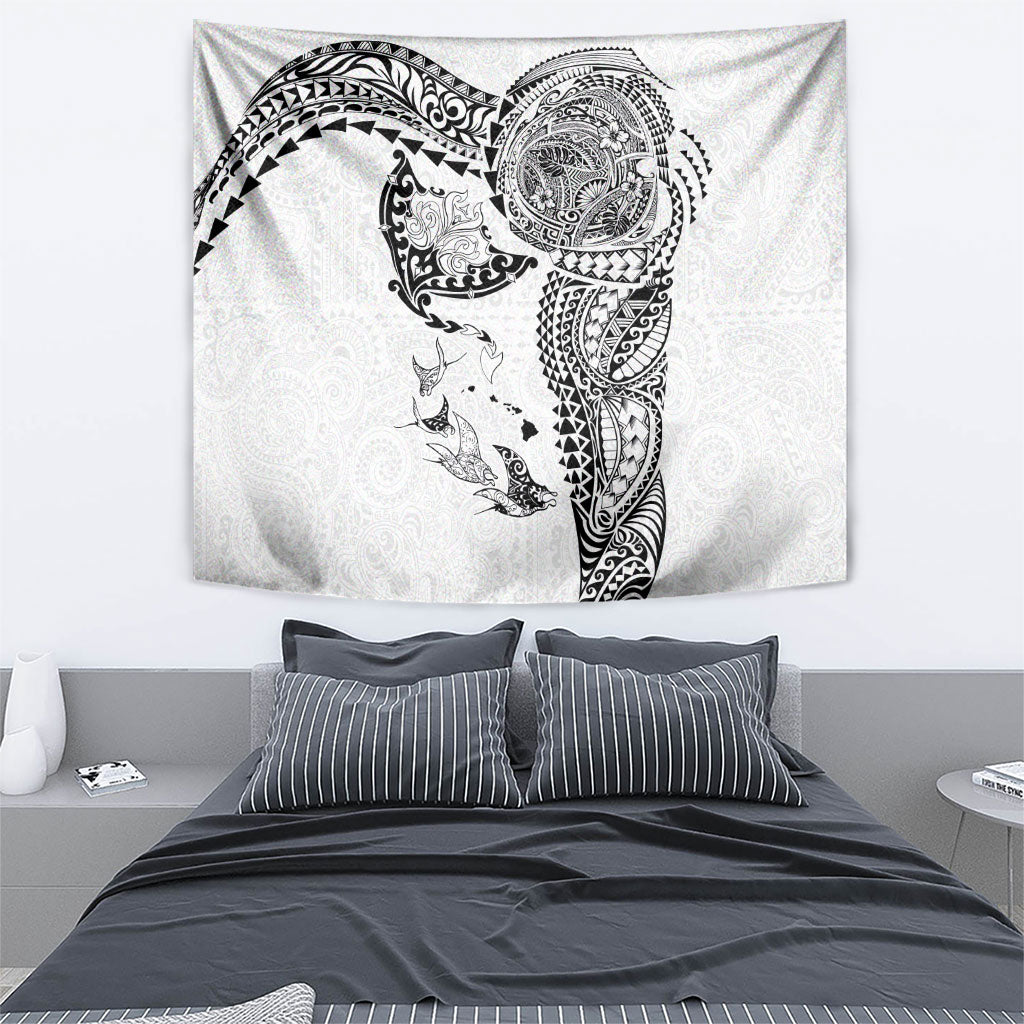 Hawaiian Manta Ray Tribal Tapestry Polynesian Art Motifs White Color