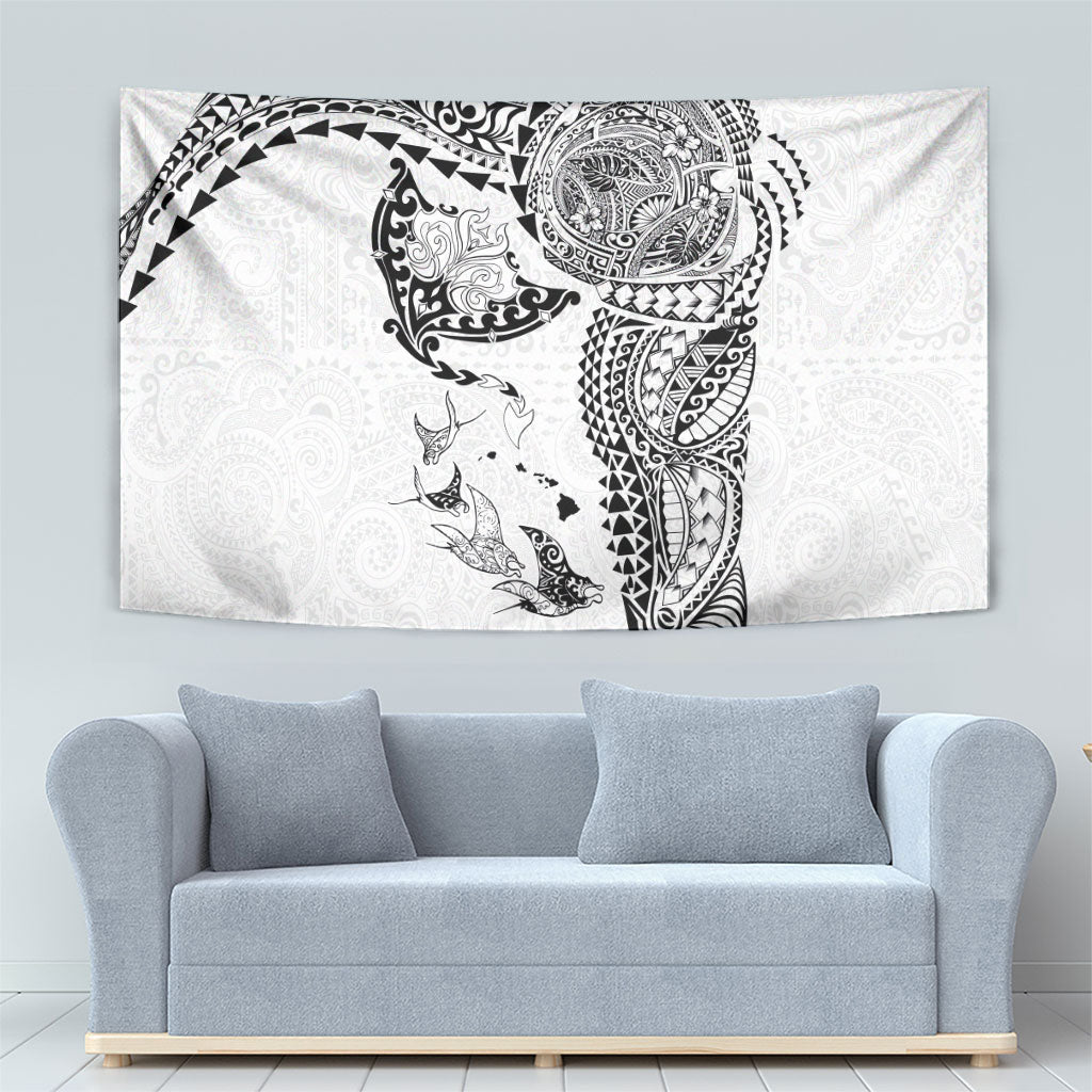 Hawaiian Manta Ray Tribal Tapestry Polynesian Art Motifs White Color